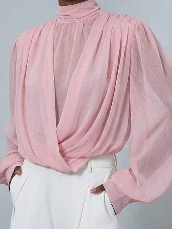 Tops - Pink Elegant Women's Mock Neck Sheer Blouse with Wrap Front and Puff Sleeves